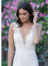 Plunging V Neck Ivory Lace Tulle Sheer Back Wedding Dress